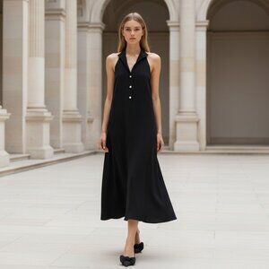 Tuckernuck Black Jagger Halter Midi Dress Pearl Buttons NWT Size M